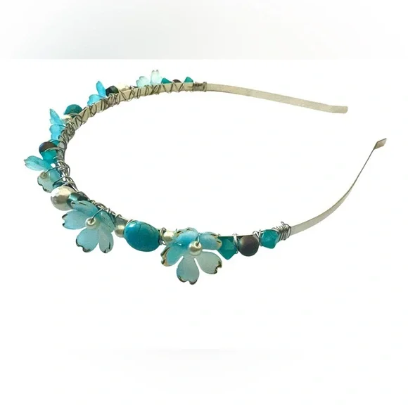 Fairy Headband with Lucite Flowers, Turquoise, Hematite and Glass Pearls - Picture 6 of 8